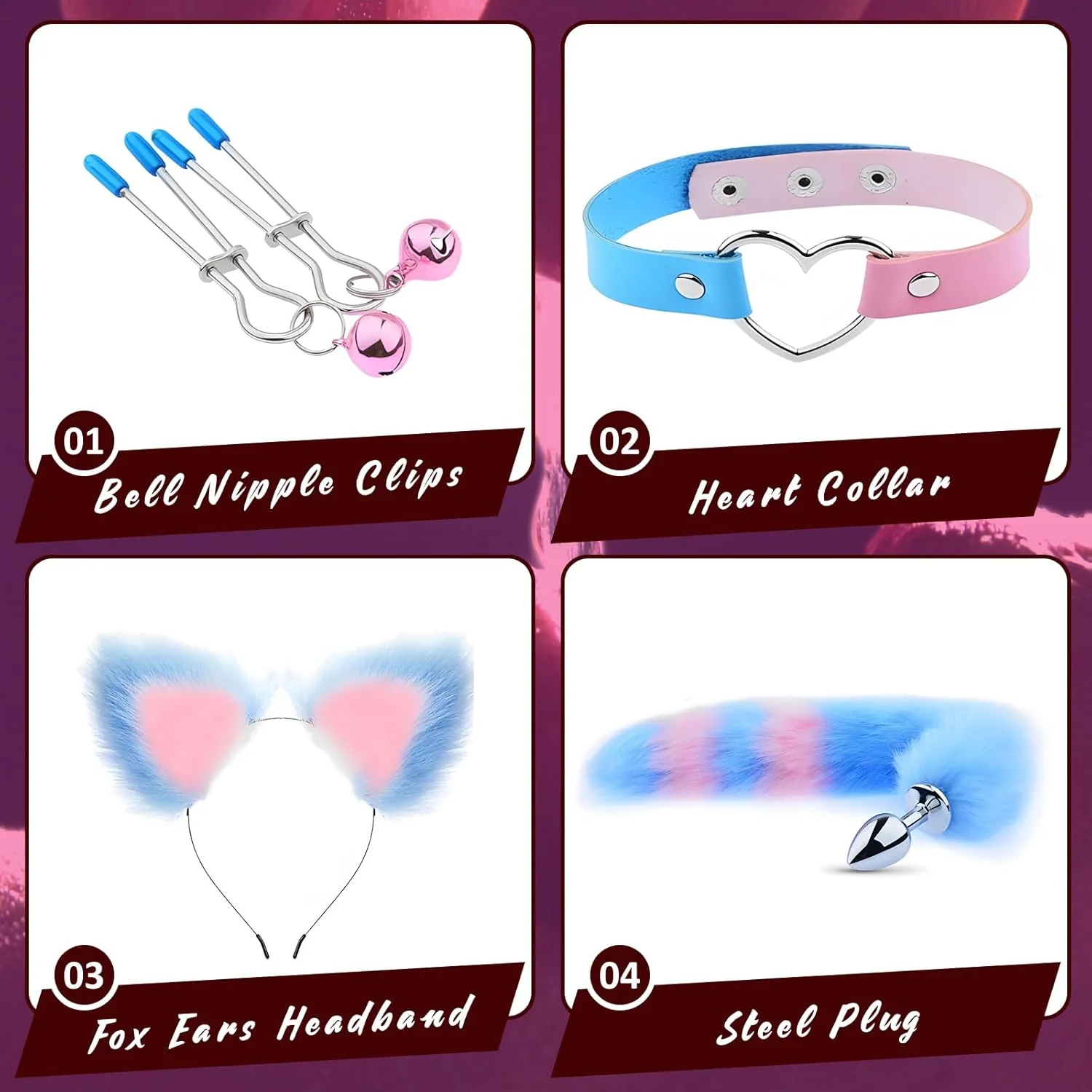 BellFeral Fox Tail Anal Plug Set 4PC Ears Collar Clamps - Image 3