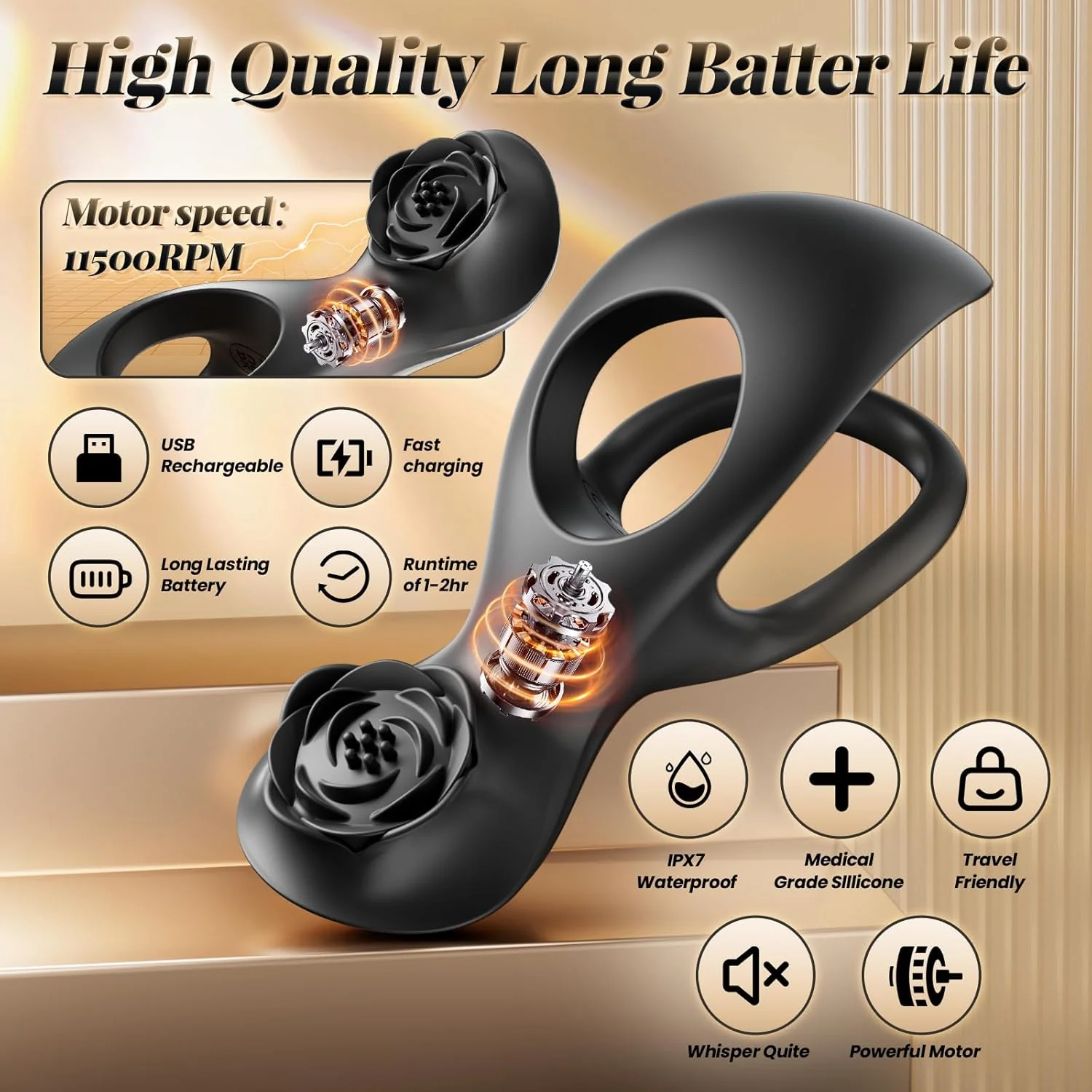 NoirBloom Rose Cock Ring Clit Stimulator Remote 7 Modes - Image 2
