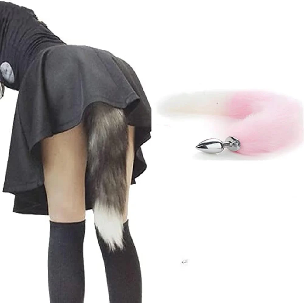 BlushFur Pink White Fox Tail Steel Butt Plug 18" - Image 5