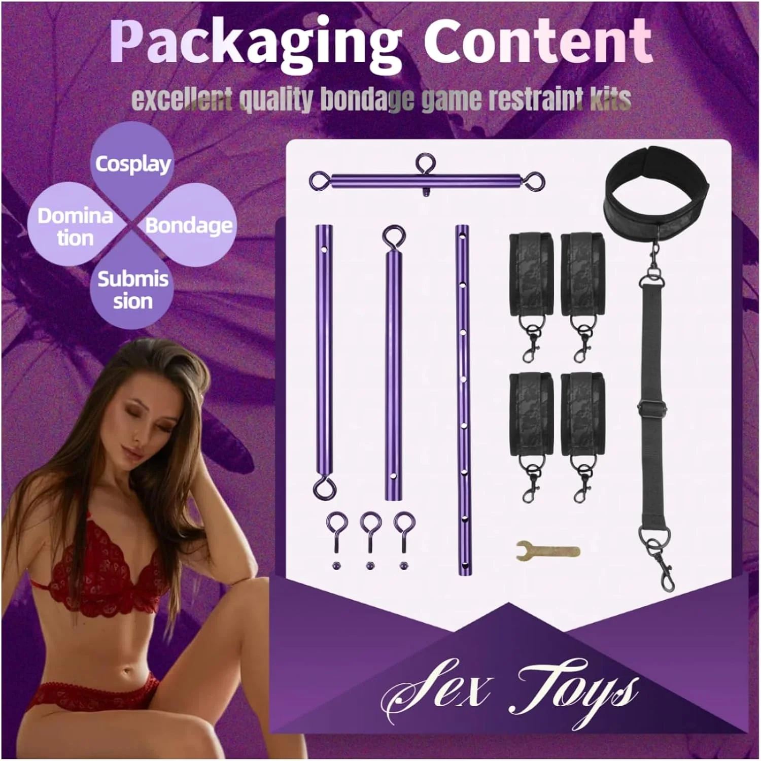 VioletLock Purple Spreader Bar BDSM Kit with Collar & Cuffs - Image 6