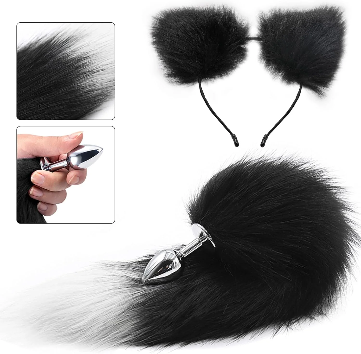 FrostTip Black White Fox Tail Steel Butt Plug 13" - Image 2
