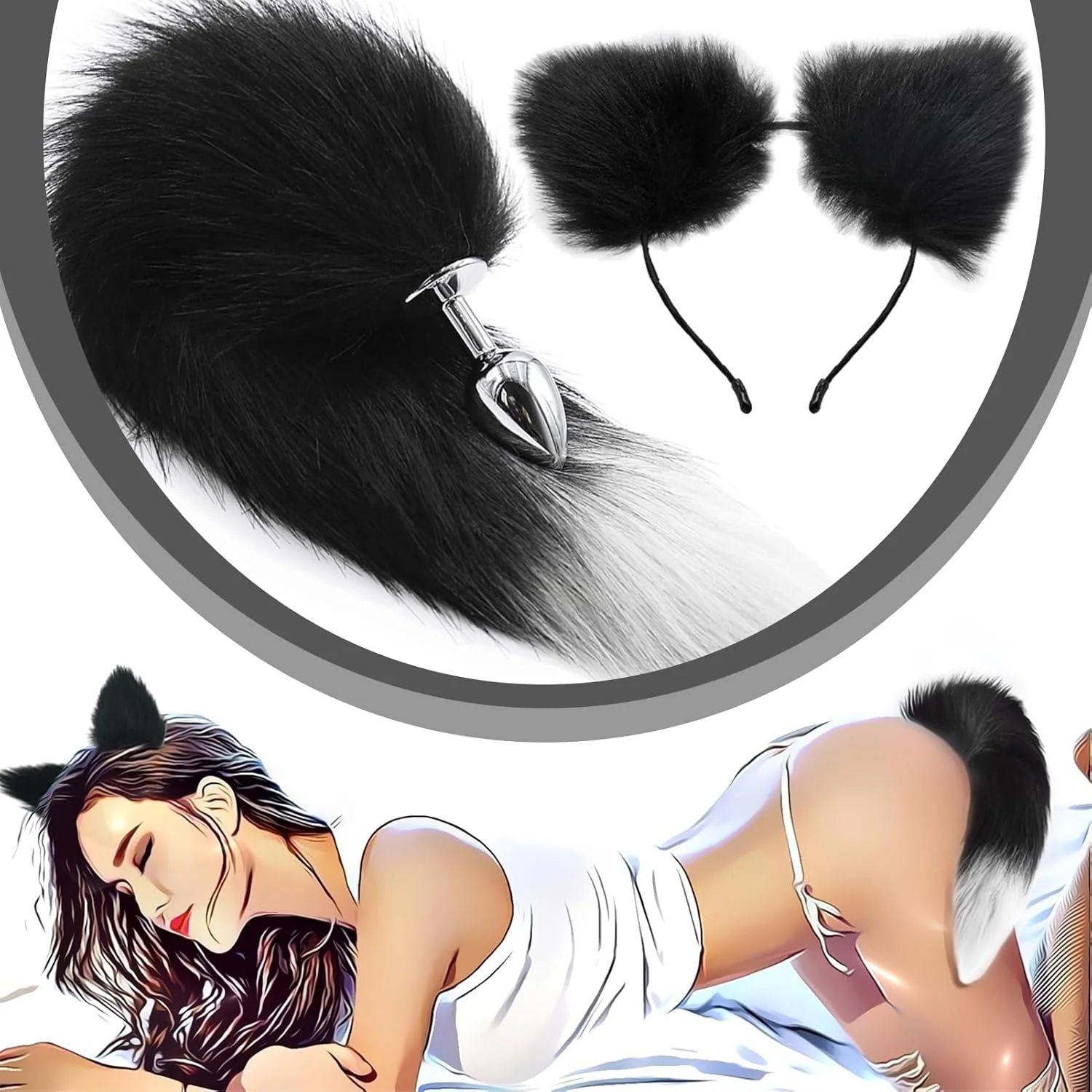 FrostTip Black White Fox Tail Steel Butt Plug 13" - Image 4