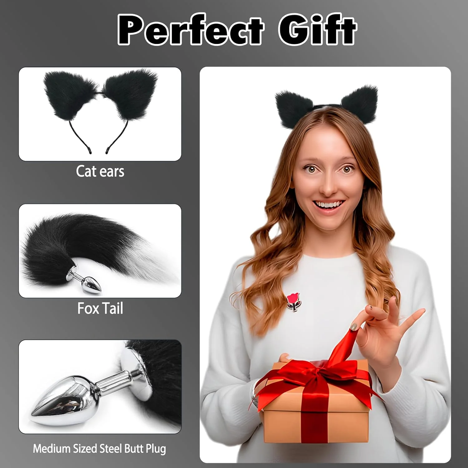FrostTip Black White Fox Tail Steel Butt Plug 13" - Image 5