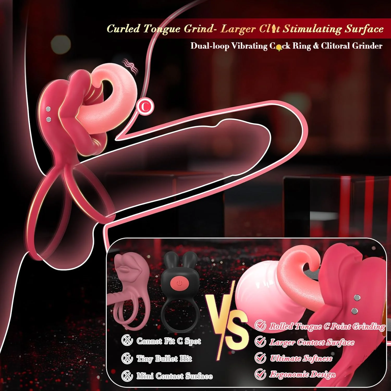 TongueWave Tongue Clit Vibrating Cock Ring 10 Modes Silicone - Image 2
