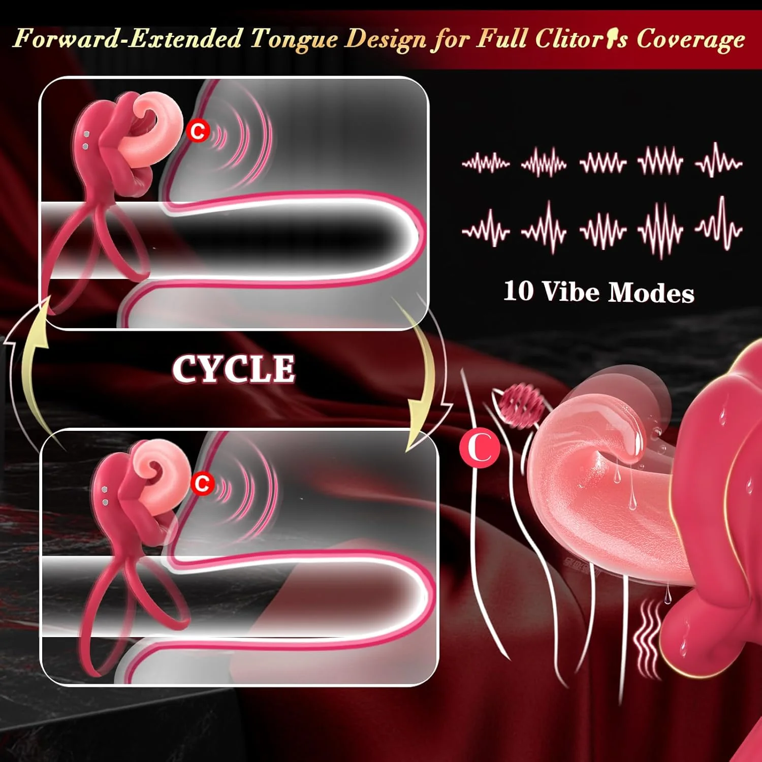 TongueWave Tongue Clit Vibrating Cock Ring 10 Modes Silicone - Image 3