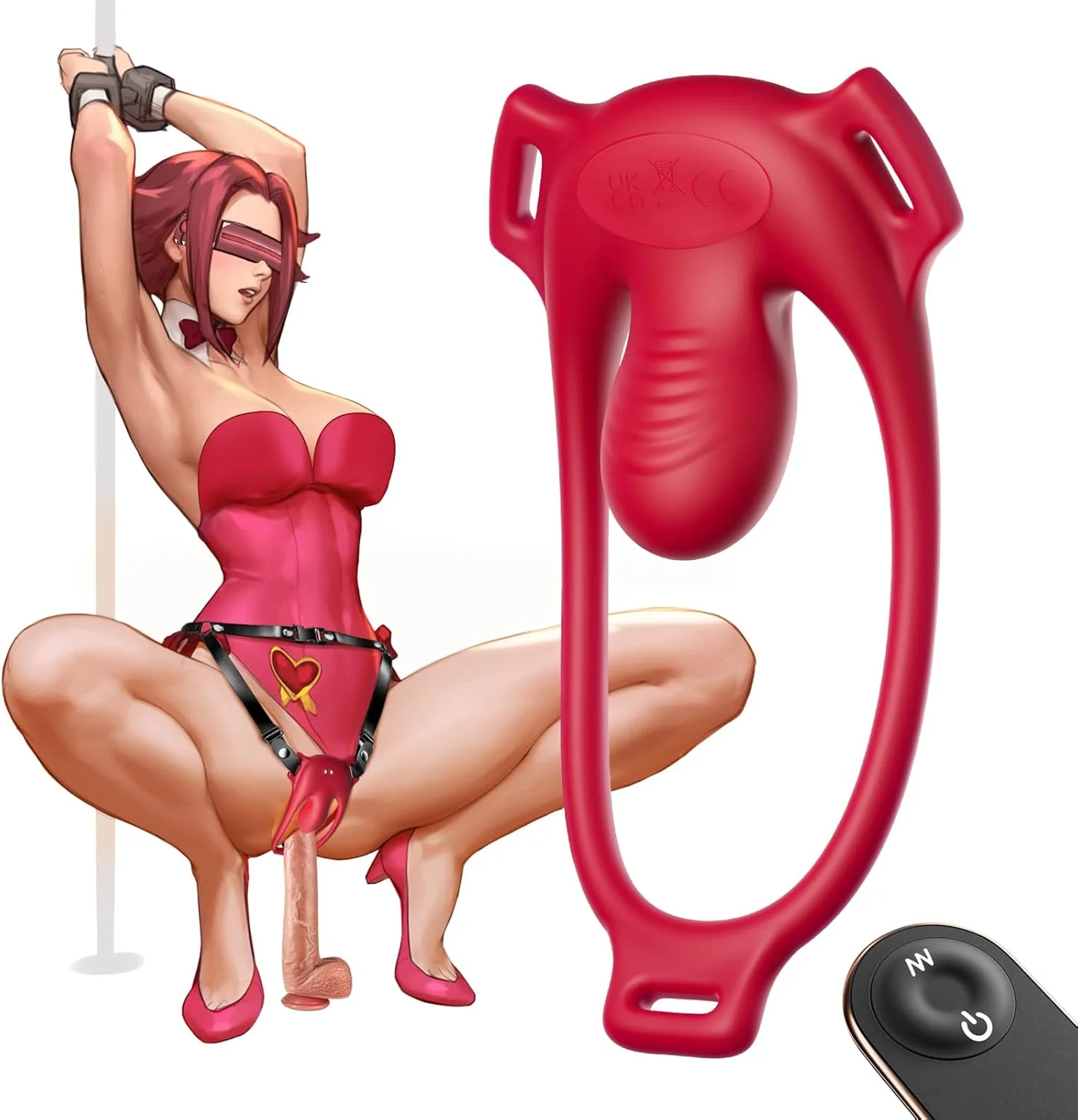 CrimsonControl Red Cock Ring Clit Vibrator Remote Harness
